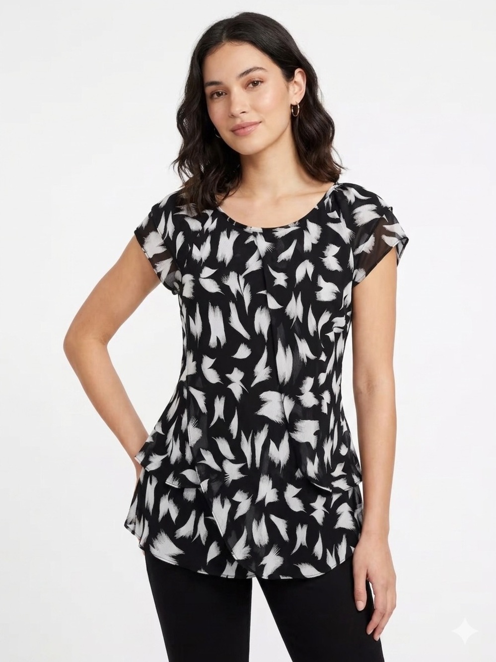 Alfred Sung Black White Monochrome Feather Print Tiered Chiffon Blouse Large-592